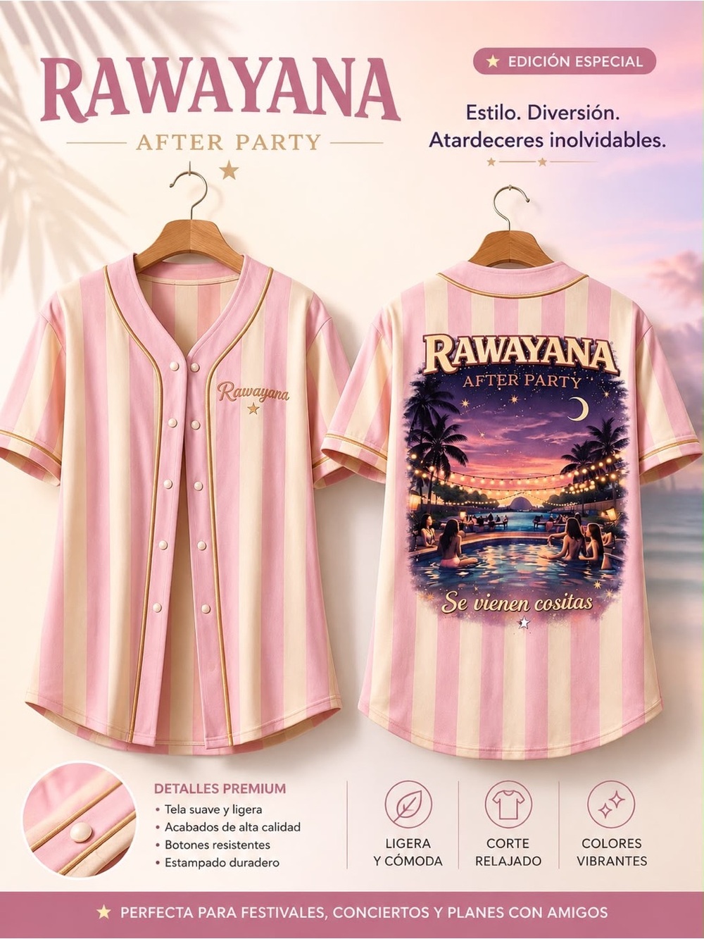 Rawayana After Party Pink & Cream Striped Baseball Shirt